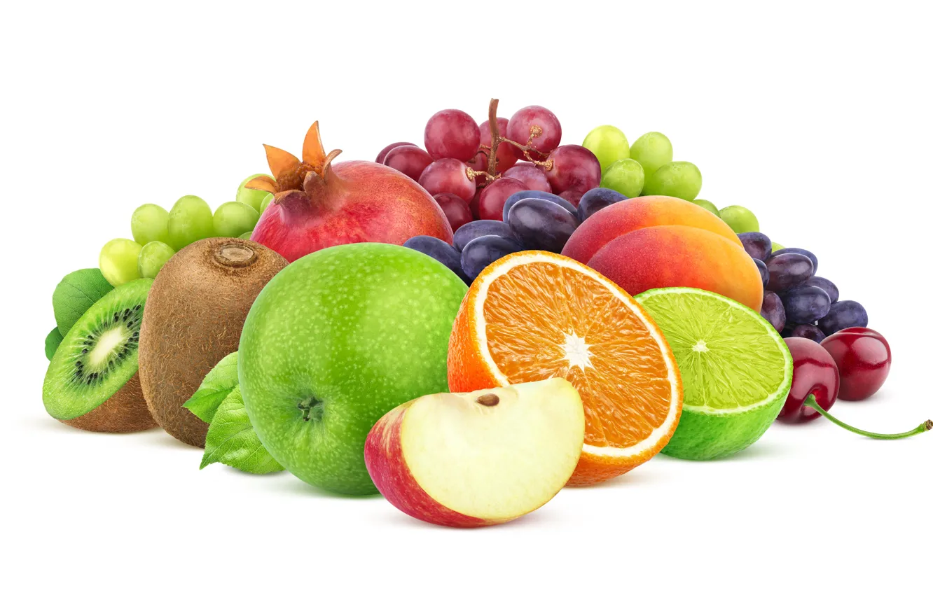 Фото обои яблоко, виноград, фрукты, персик, гранат, композиция