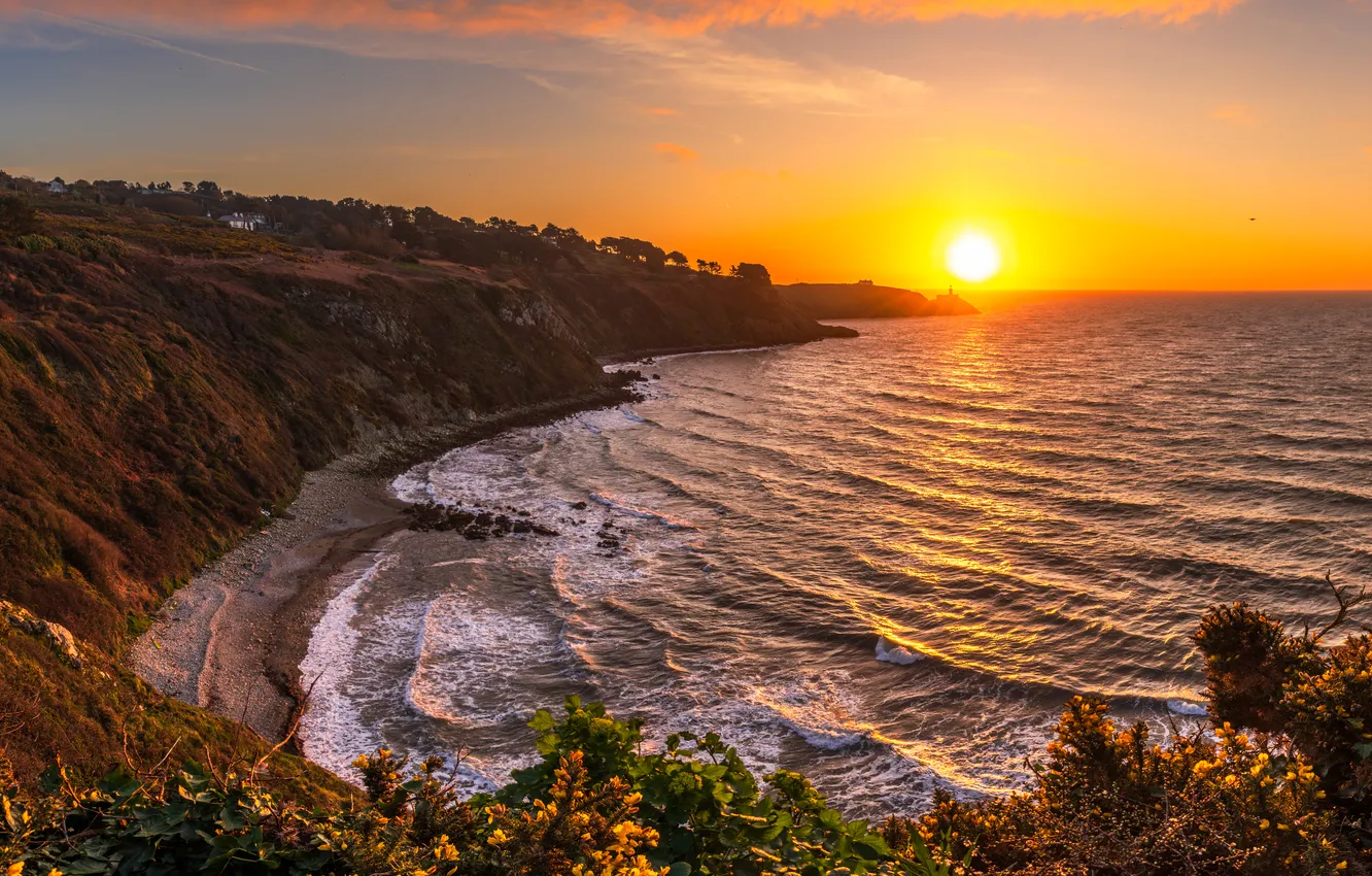 Фото обои море, закат, скалы, прибой