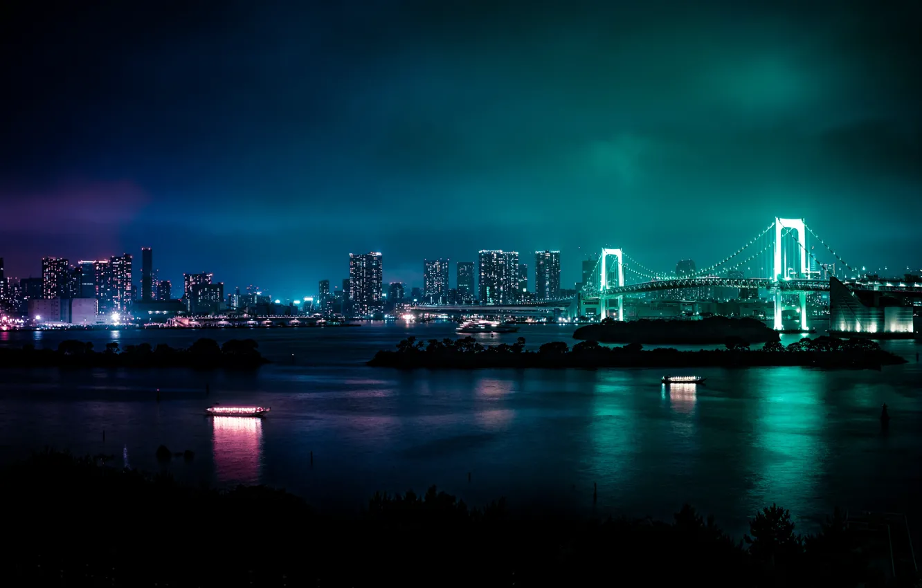 Фото обои отражения, ночь, мост, огни, здания, небоскребы, Япония, Токио