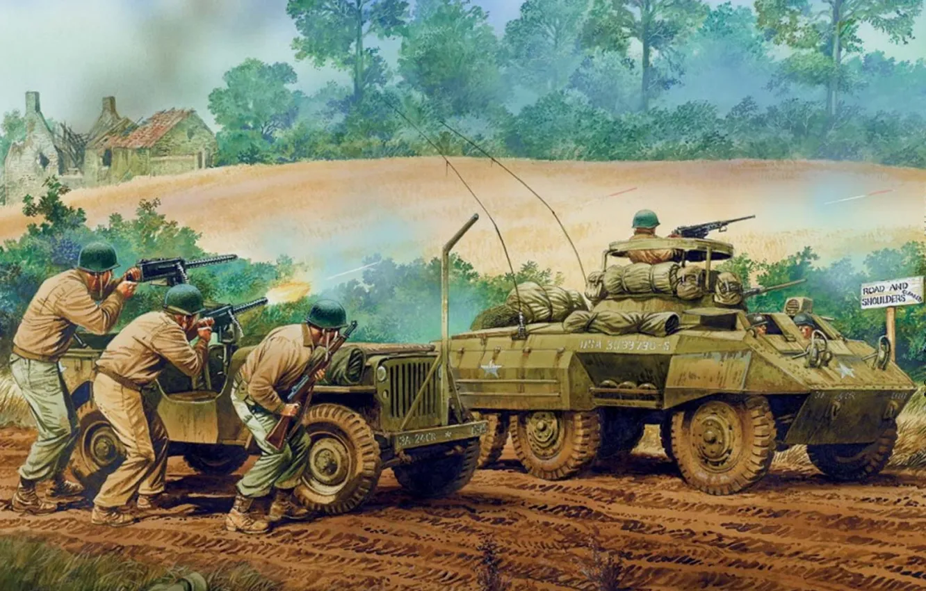 Фото обои рисунок, солдаты, стрельба, винтовка, Вторая мировая война, пулемёты, американские, автобронетехника