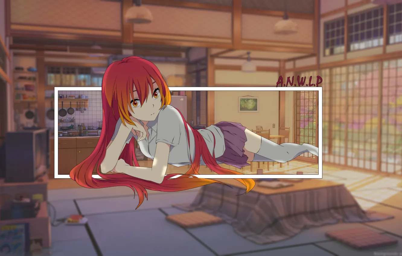 Фото обои девушка, комната, аниме, лежит, красноволосая, madskillz