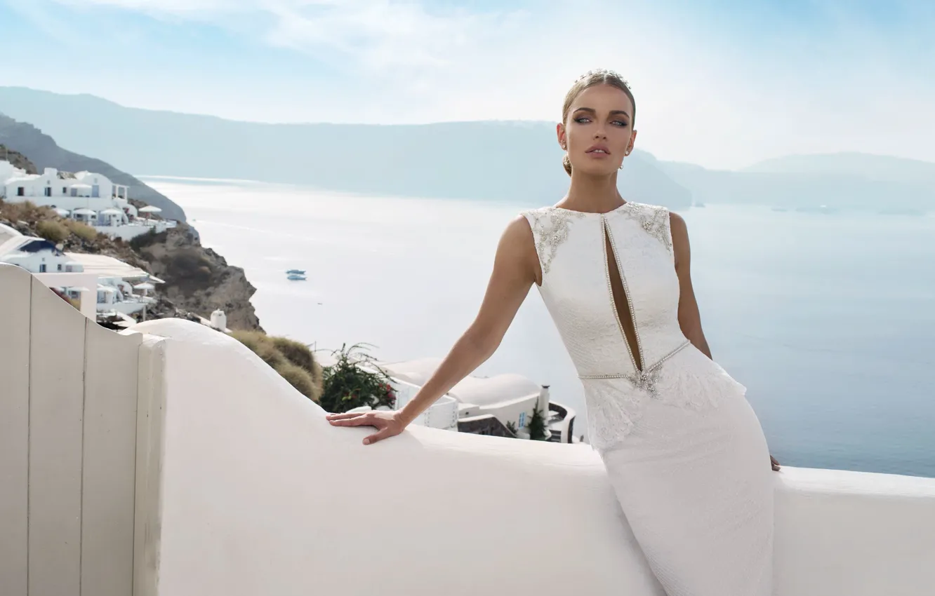 Фото обои море, девушка, вид, Санторини, белое платье
