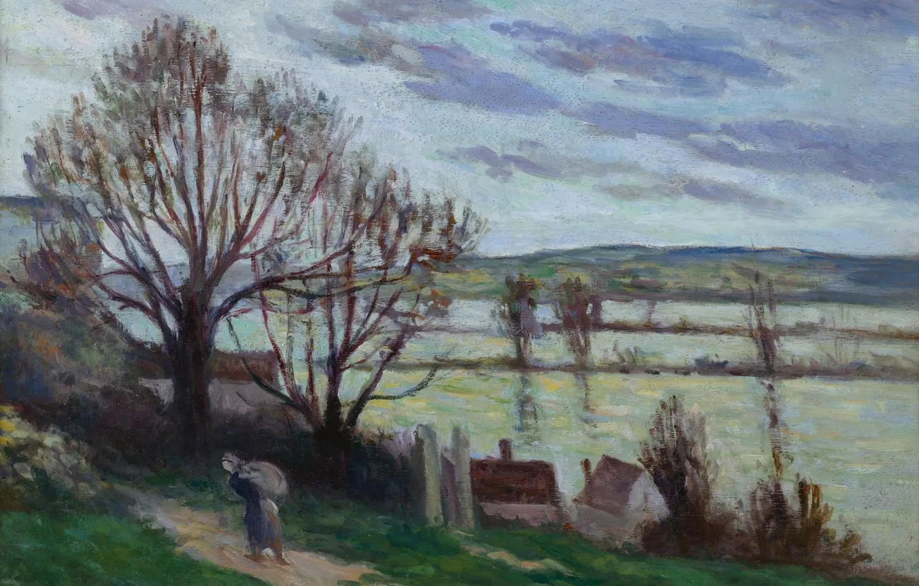 Фото обои пейзаж, картина, 1930, Максимильен Люс, Maximilien Luce, Крестьянка Идущая по Берегу Реки
