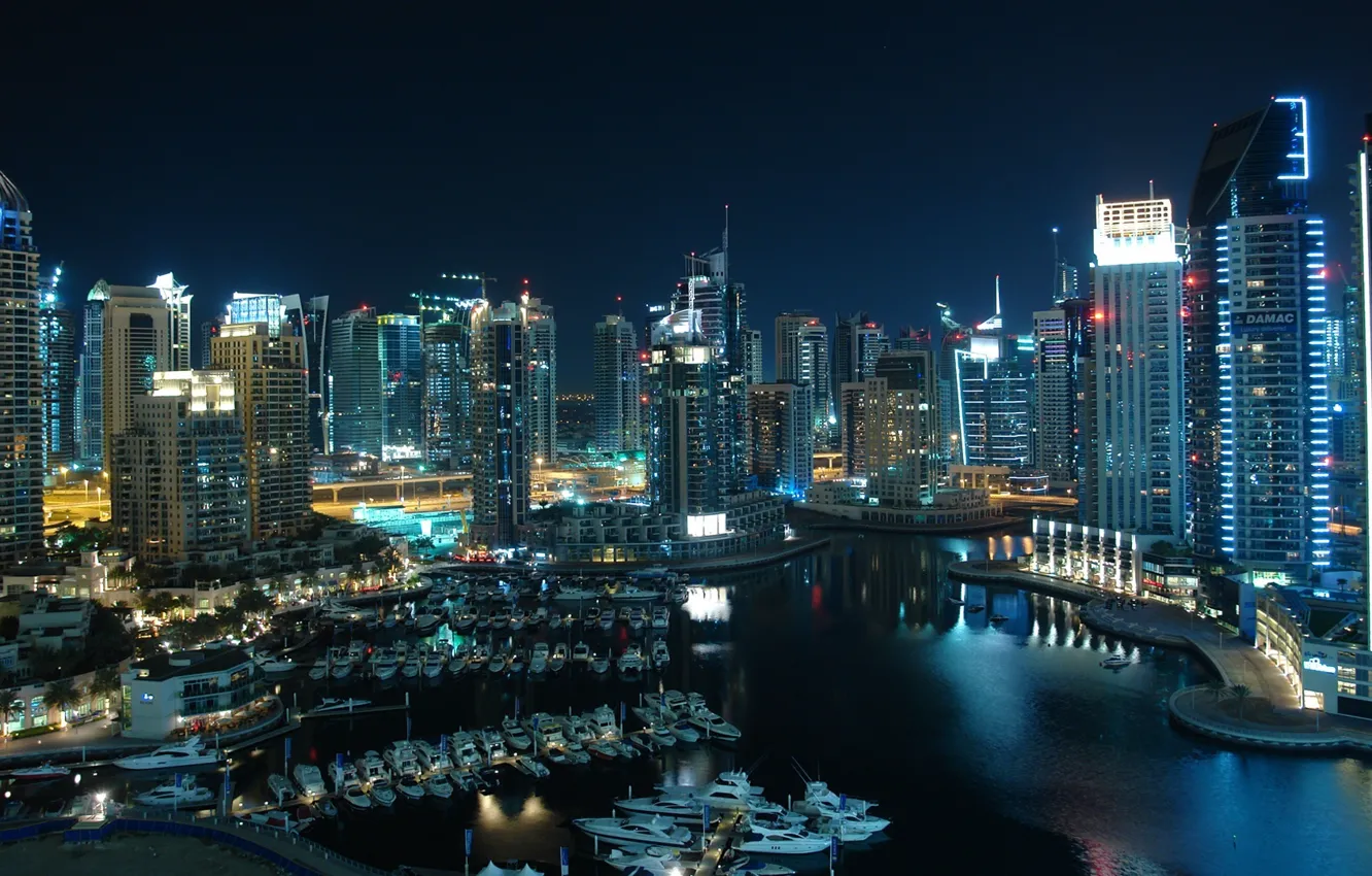 Фото обои ночь, город, огни, река, яхта