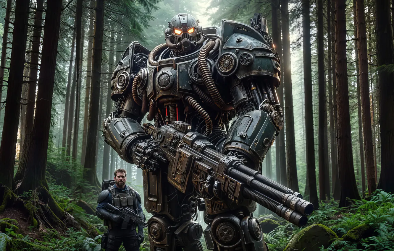 Фото обои лес, деревья, природа, оружие, человек, робот, forest, robot