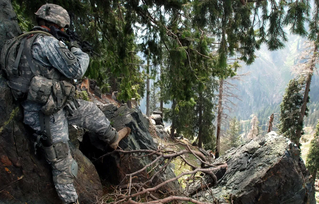 Фото обои горы, оружие, солдат