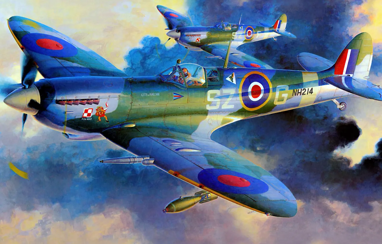 Фото обои fighter, war, art, airplane, painting, ww2, Spitfire Mk.IXc late version