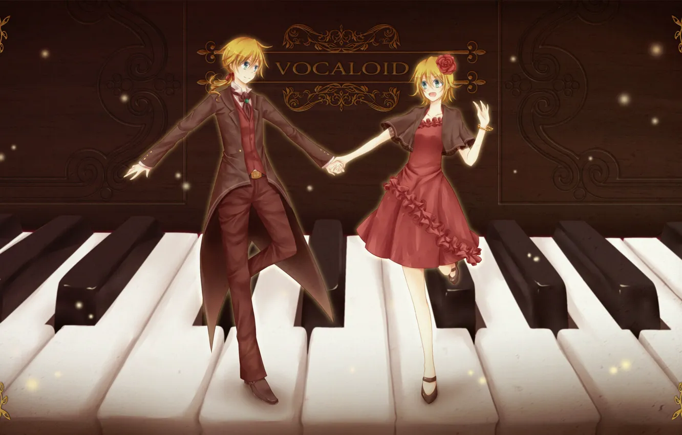 Фото обои девушка, клавиши, парень, пианино, двое, Vocaloid, Вокалоид, Кагомине Лен