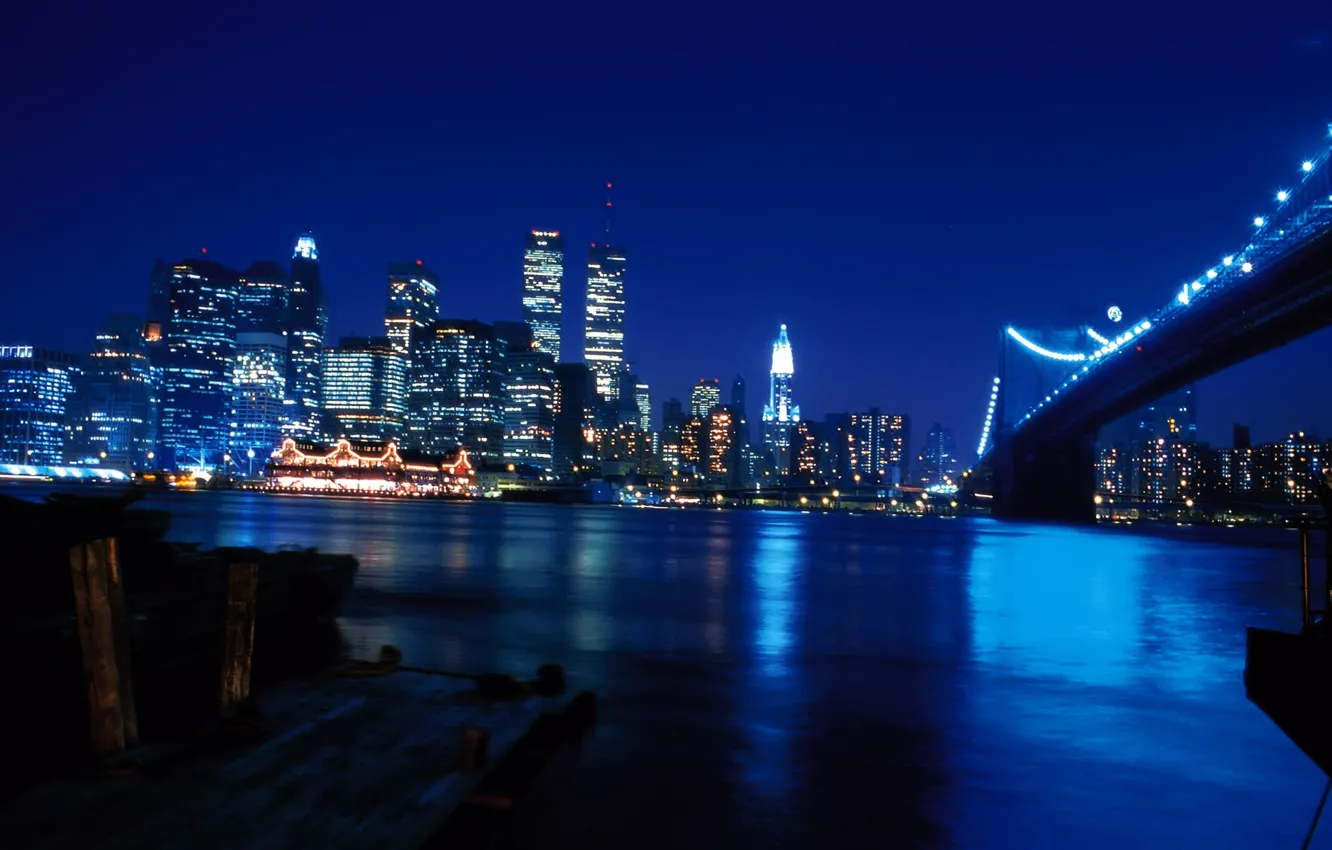Фото обои ночь, мост, город, река, обои, небоскребы, wallpaper, нью-йорк
