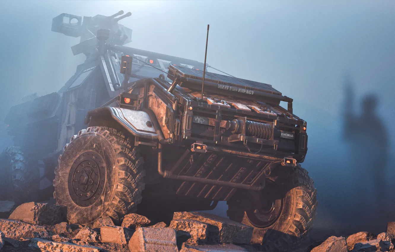 Фото обои машина, авто, рендеринг, транспорт, пыль, силуэт, солдат, внедорожник