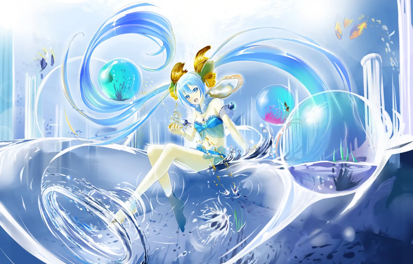 Фото обои волны, взгляд, вода, девушка, рыбки, улыбка, пузыри, ноги