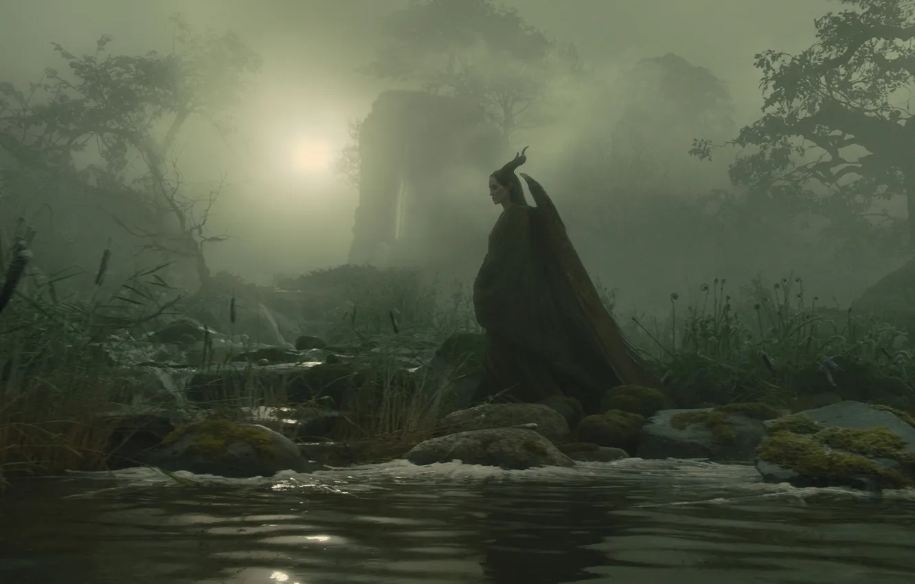 Фото обои лес, ночь, река, фильм, рога, посох, ведьма, Maleficent
