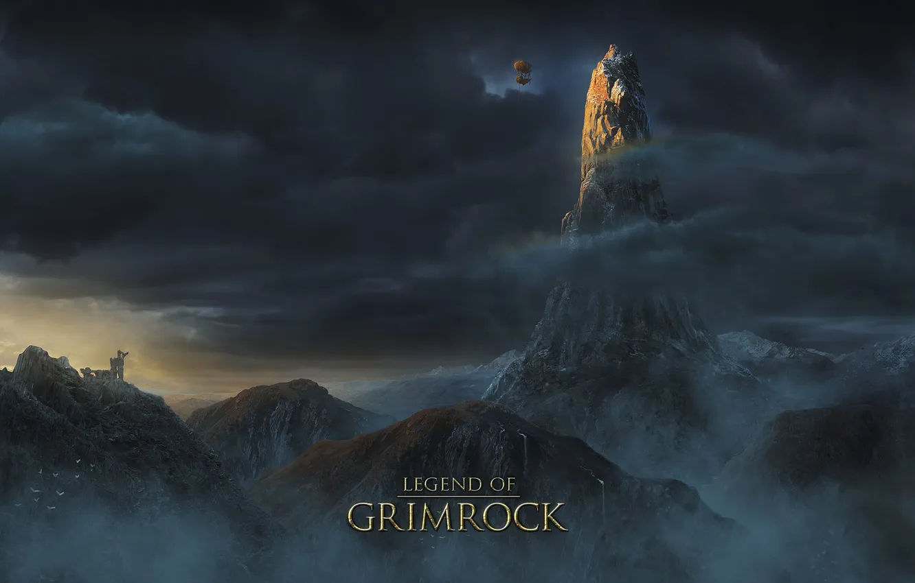 Фото обои облака, горы, туман, дирижабль, руины, legend of grimrock