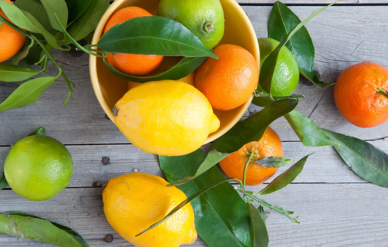 Фото обои листья, лимон, лайм, цитрусы, мандарины