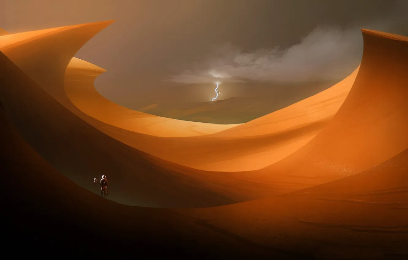 Фото обои Песок, Молния, Пустыня, Астронавт, Космонавт, Lightning, Фантастика, Дюны