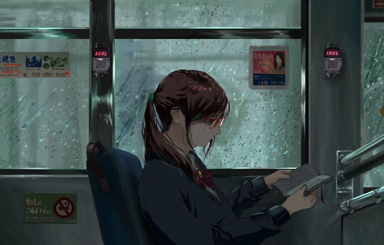 Фото обои девушка, дождь, автобус, читает