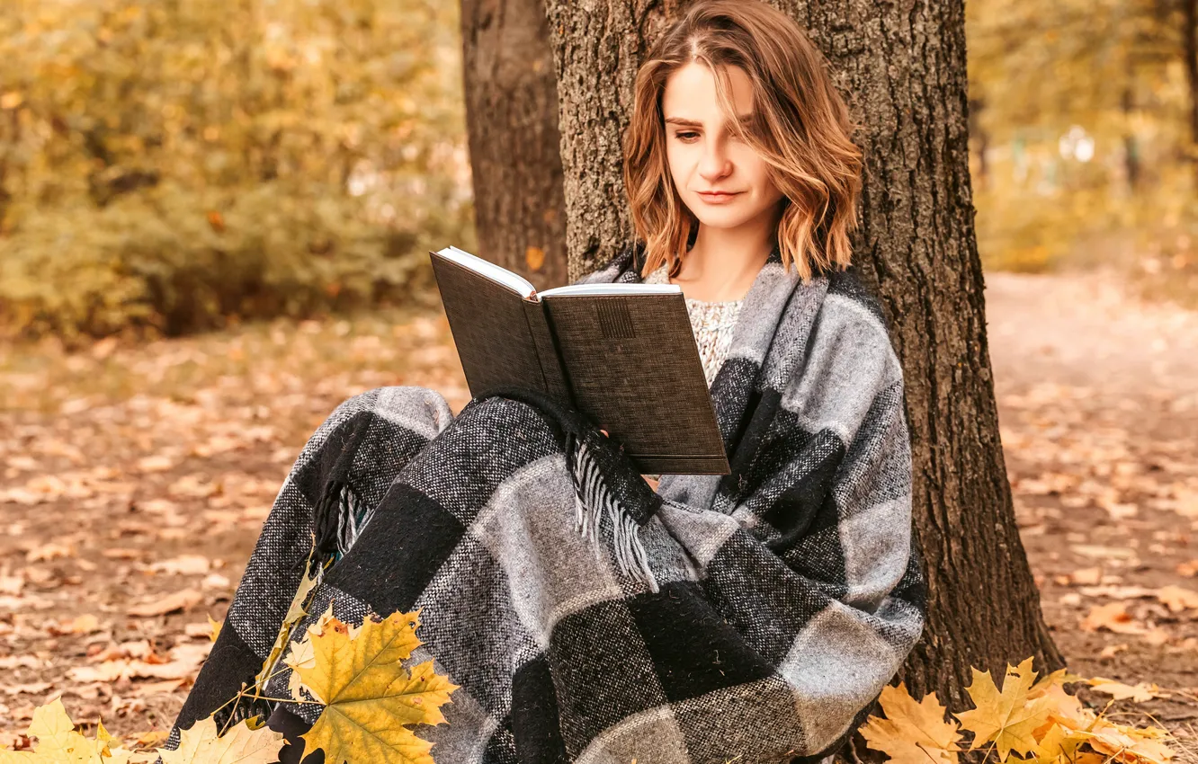 Фото обои осень, листья, девушка, парк, прическа, книга, шатенка, плед