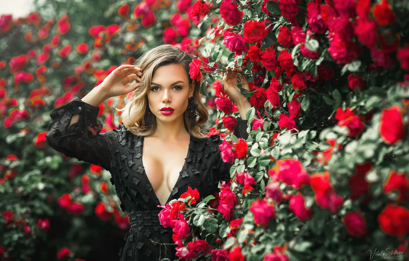 Фото обои цветы, Девушка, платье, вырез, Инесса Белокурова, Виталий Скитаев