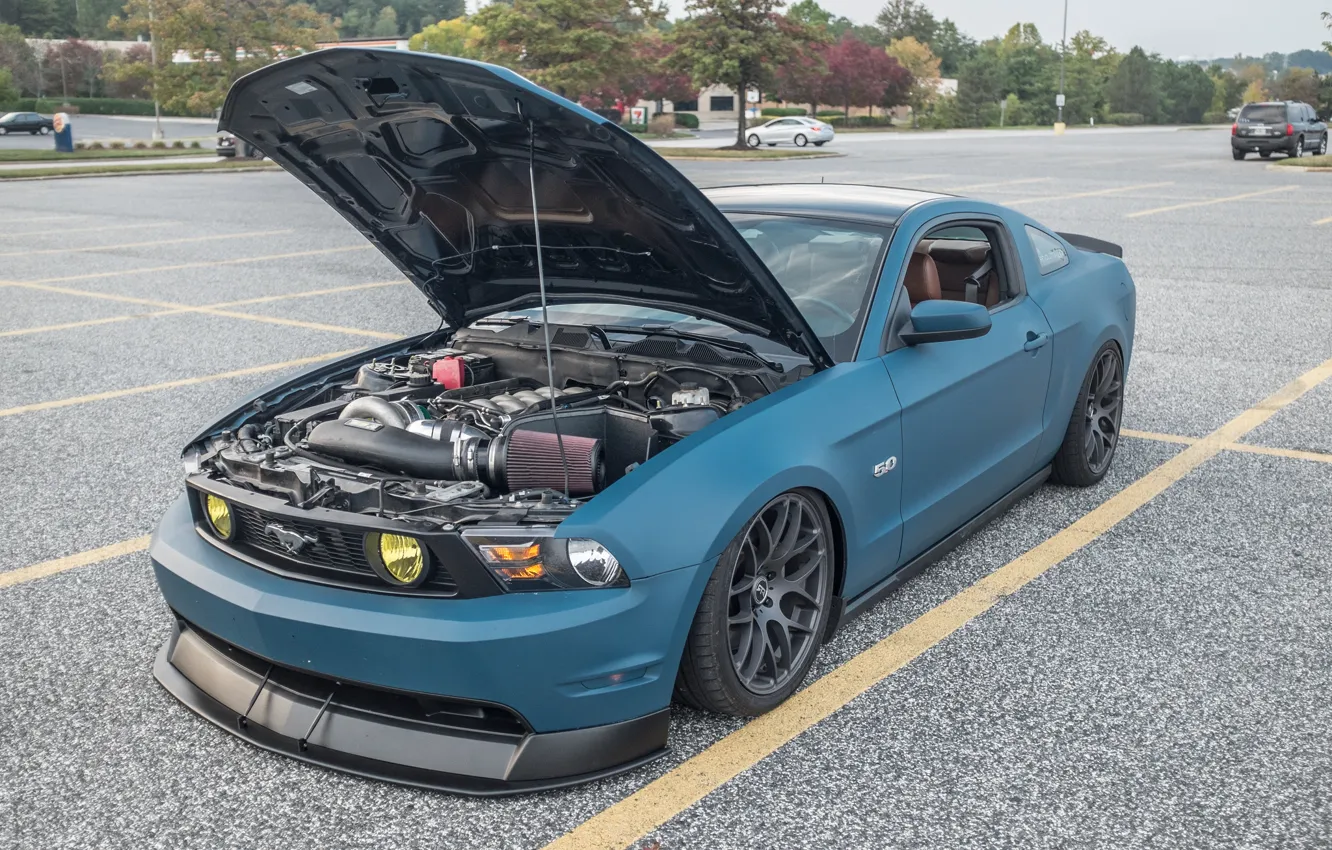 Фото обои двигатель, Mustang, Ford, Дорога, капот, мощь, диски, blue