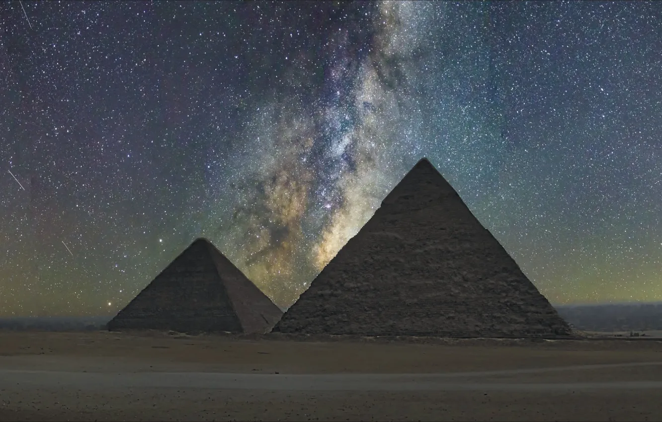Фото обои пейзаж, ночь, пустыня, звёзды, пара, пирамиды, Egypt