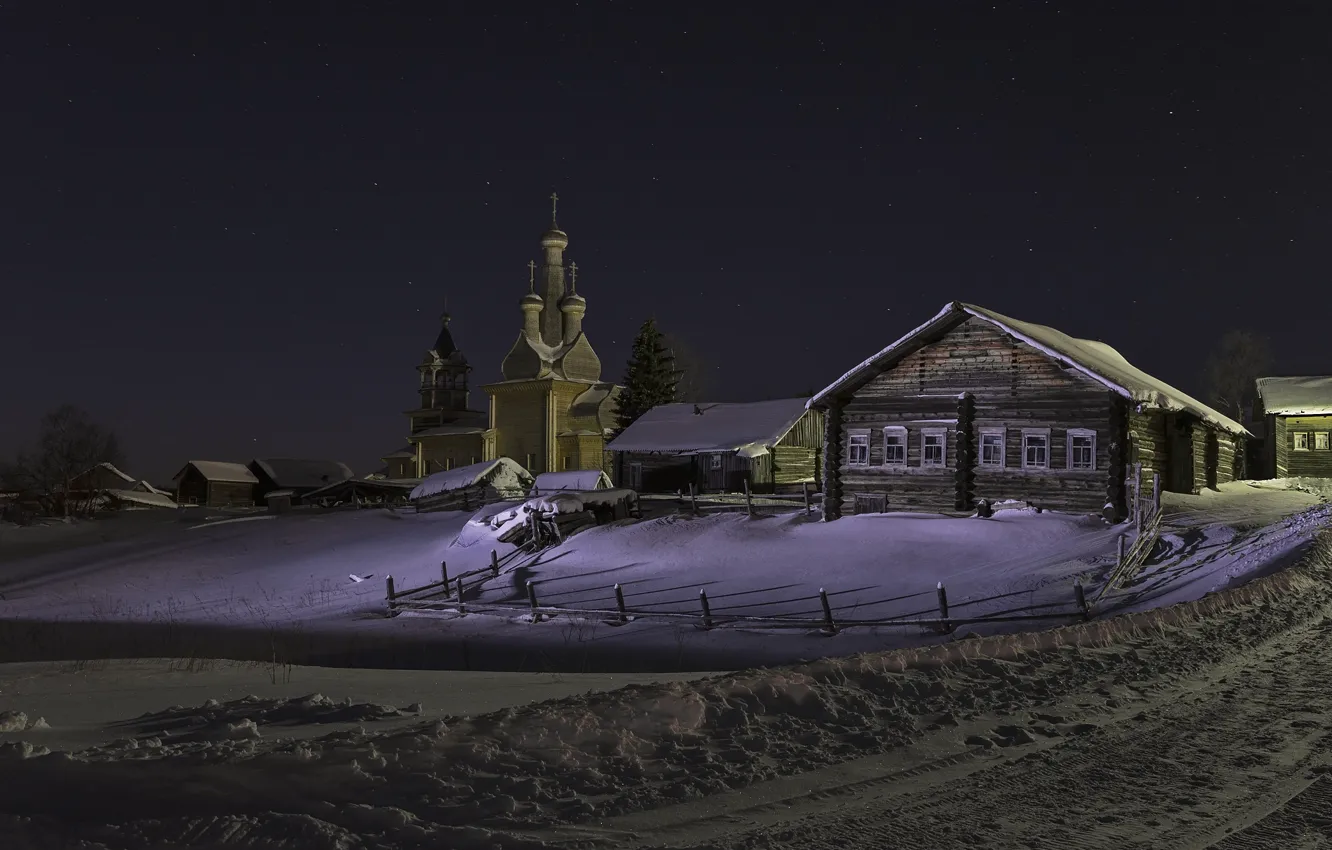 Фото обои зима, дорога, небо, снег, пейзаж, ночь, природа, дома
