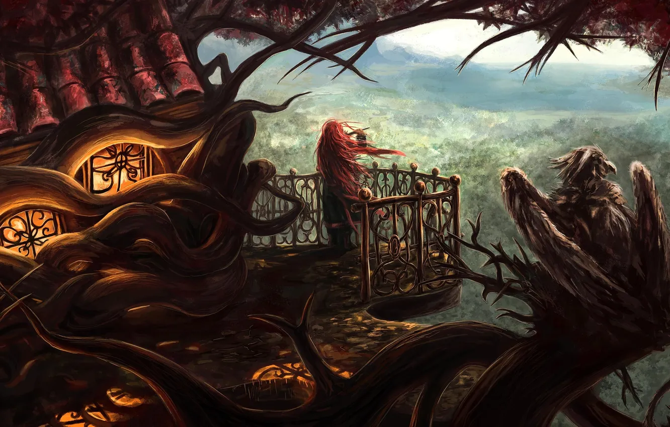 Фото обои девушка, корни, дом, музыка, дерево, ветер, птица, высота