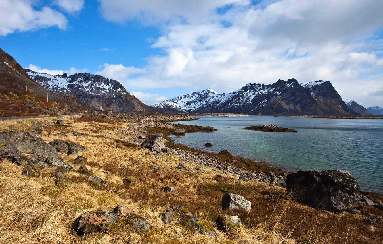 Фото обои горы, природа, озеро, фото, побережье, Норвегия, Lofoten