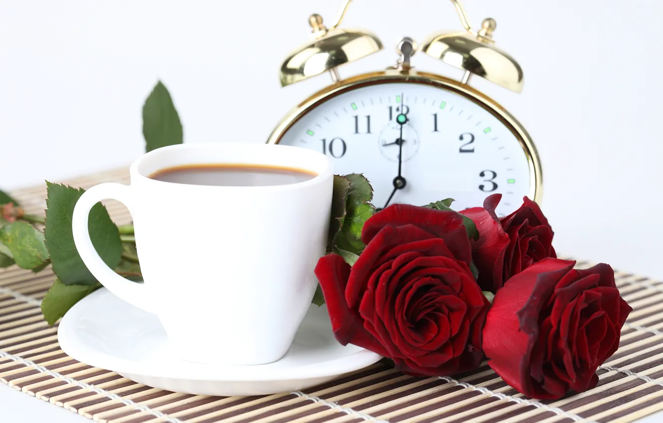 Фото обои цветы, часы, кофе, розы, будильник, чашка, три, боке
