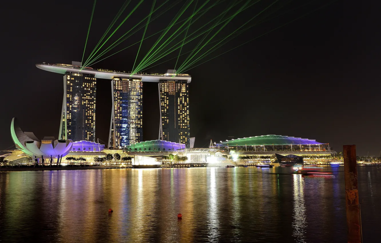 Фото обои Море, Ночь, Город, Сингапур, Пейзаж, Ночной город, Ночные огни