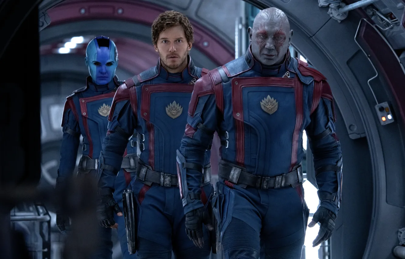 Фото обои Nebula, Karen Gillan, Peter Quill, Chris Pratt, Dave Bautista, Drax, Marvel Studios, Guardians of the …