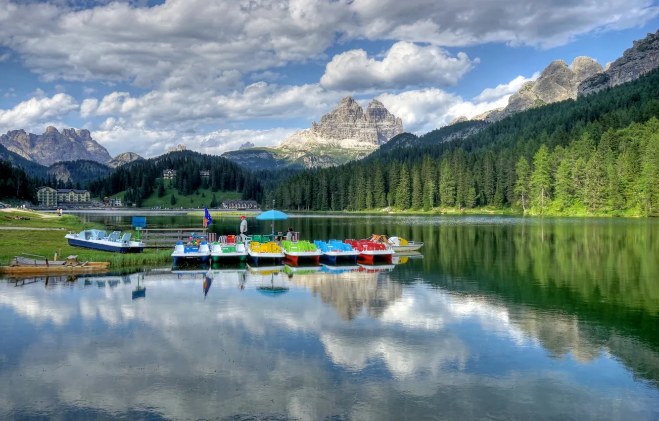 Фото обои деревья, горы, озеро, лодки, Италия, Мизурина