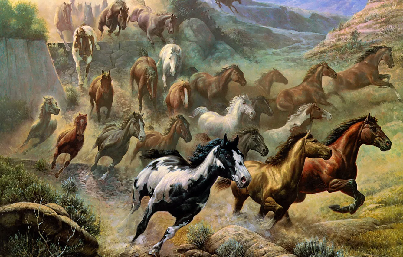 Фото обои природа, холмы, рисунок, кони, картина, лошади, арт, бег