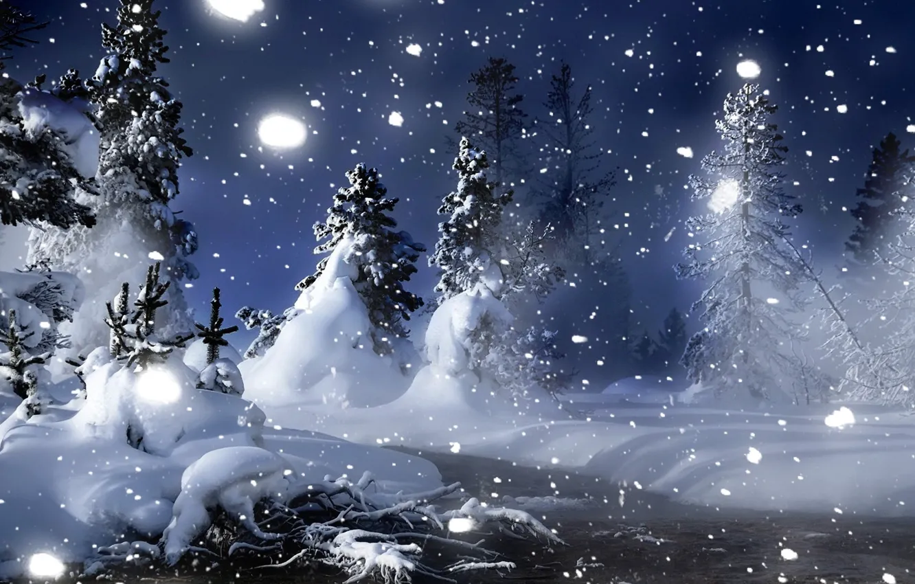 Фото обои зима, снег, деревья, ночь, река, елки