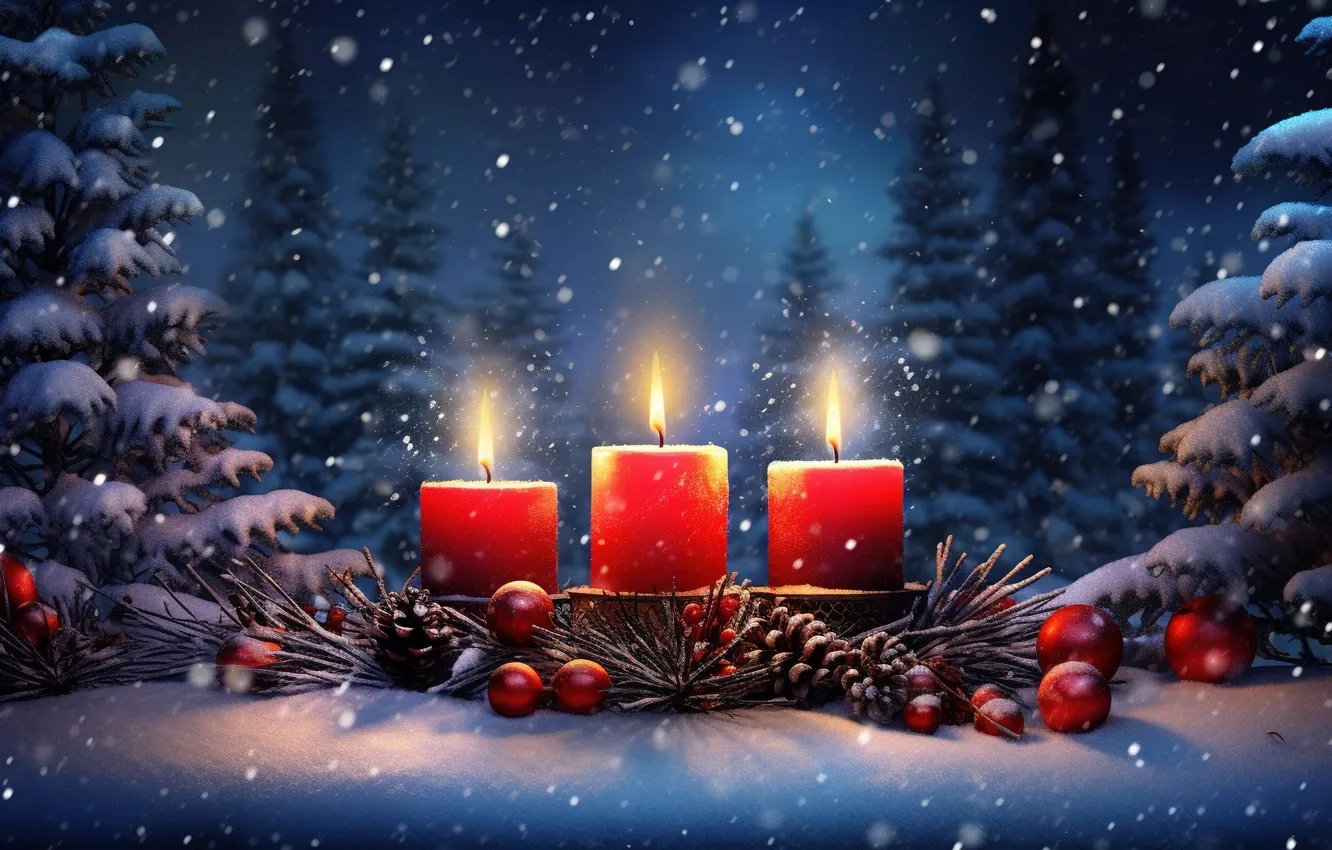 Фото обои зима, снег, украшения, ночь, шары, елки, свечи, Новый Год