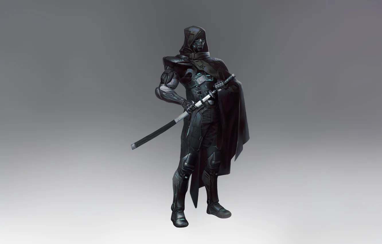 Фото обои Арт, Assassin, Ninja, Illustration, Minimalism, Katana, Cyberpunk, Creatures
