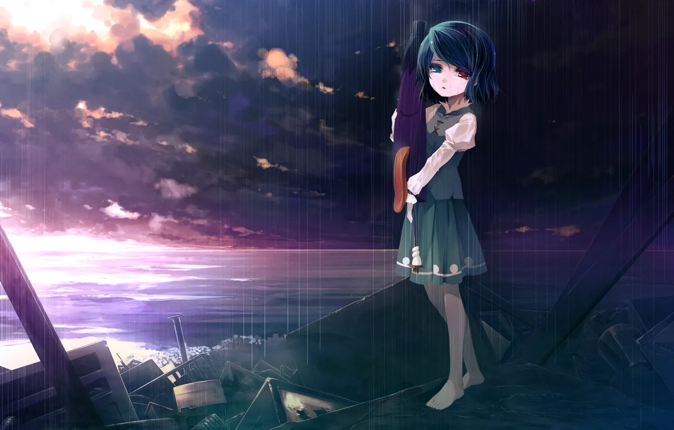 Фото обои небо, девушка, облака, закат, дождь, арт, touhou, гетерохромия