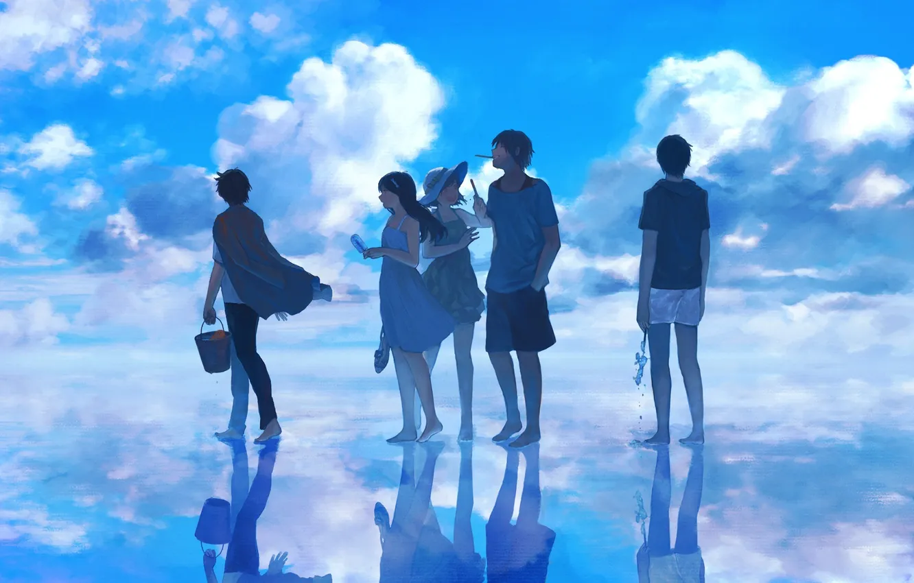 Фото обои небо, вода, облака, радость, отражение, девушки, шляпа, аниме