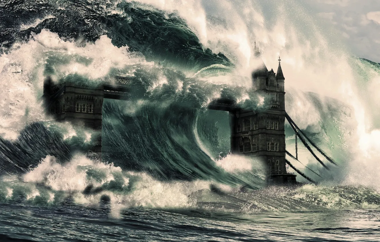 Фото обои волна, лондон, цунами, 2012, тауэрский мост