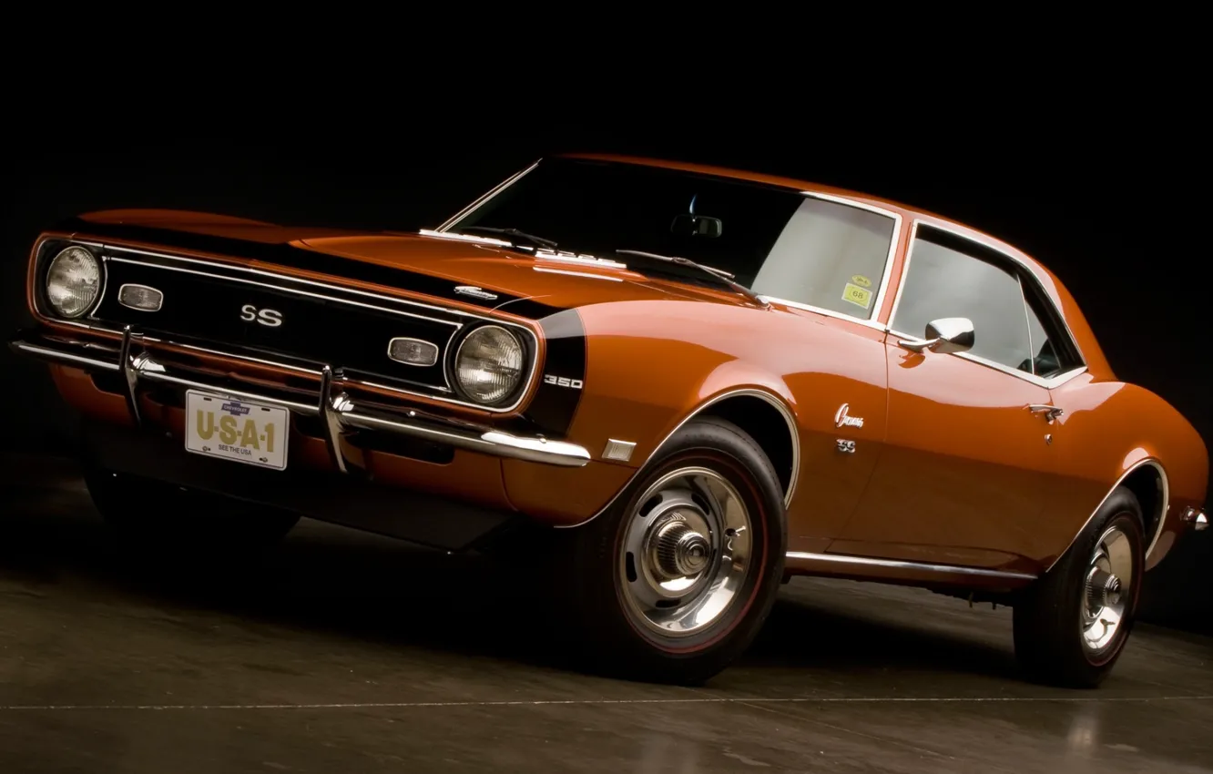 Обои оранжевый, фон, купе, Chevrolet, Камаро, Шевроле, Camaro, передок ...