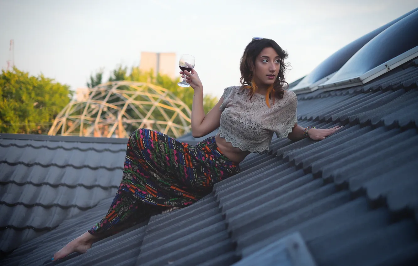 Фото обои крыша, девушка, вино