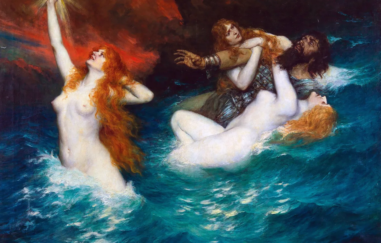 Фото обои Вода, Девушки, Картина, Мужчина, Ferdinand Leeke, Немецкий художник, Девы Рейна, Рейнмейдены
