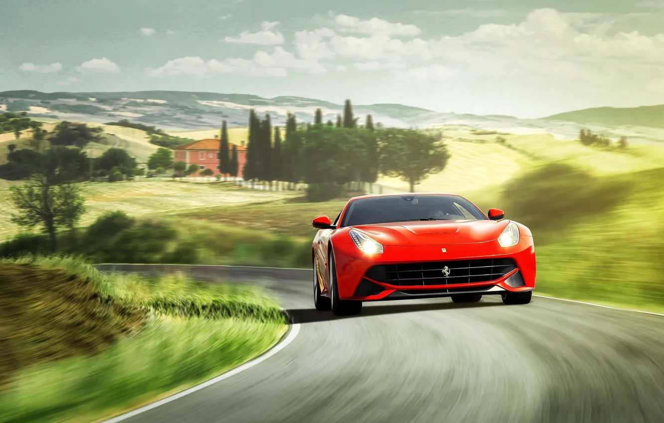 Фото обои холмы, Ferrari, red, феррари, красная, front, берлинетта, Berlinetta