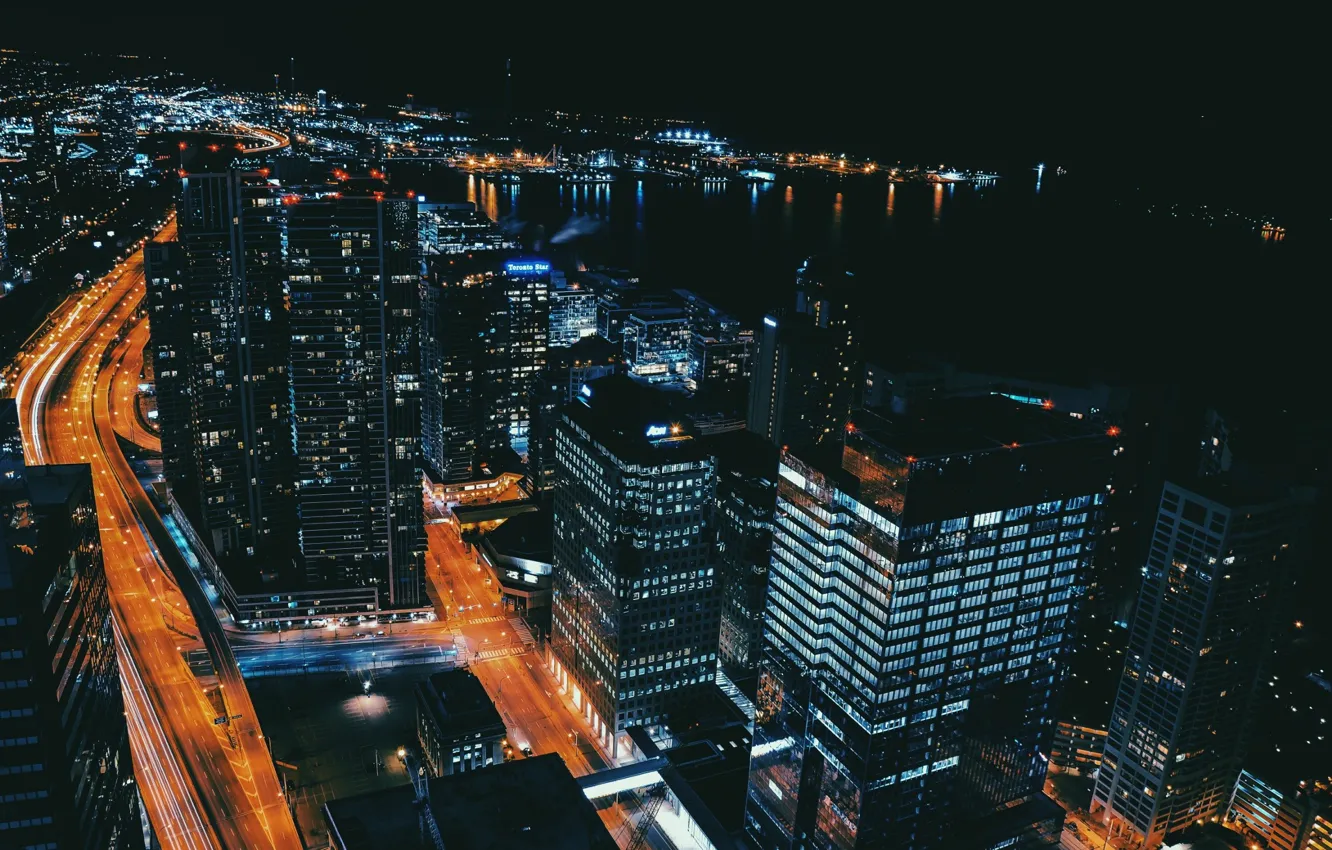 Фото обои дорога, ночь, city, город, движение, высота, road, night