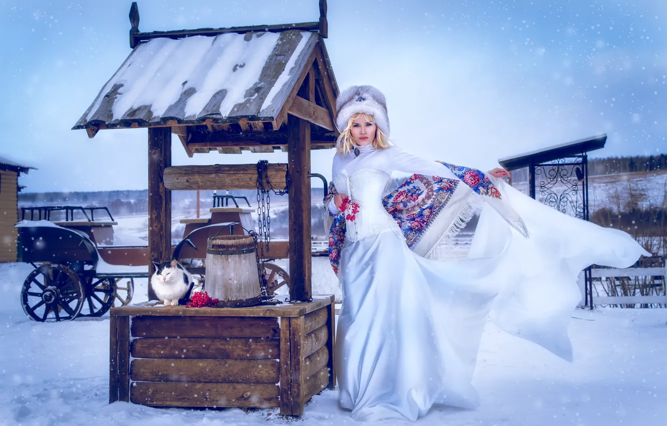 Фото обои зима, кот, шапка, платье, блондинка, колодец, корсет, платок