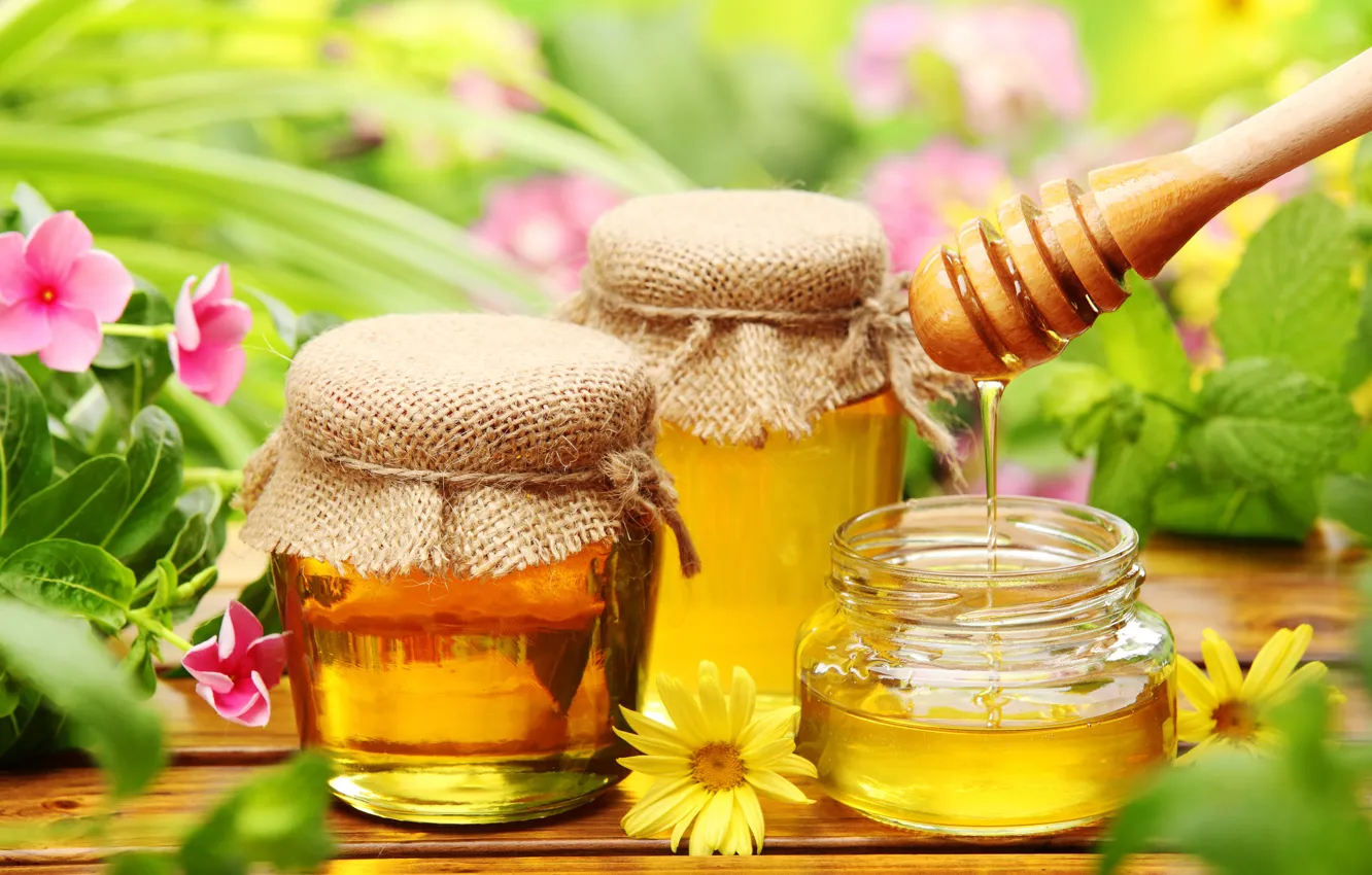 Фото обои цветы, мед, банки, пчеловодство
