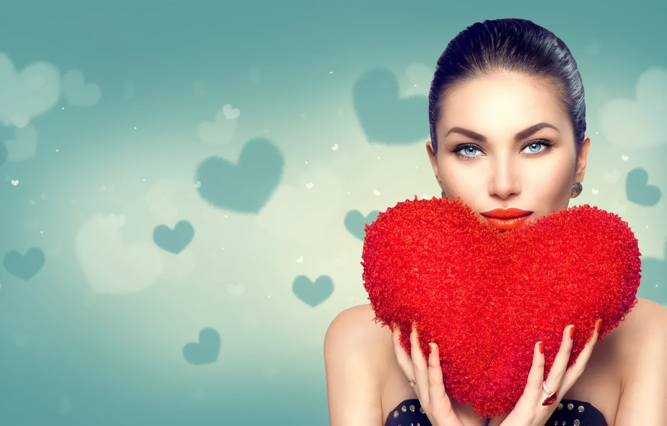 Фото обои Love, Девушка, Любовь, Сердце, Взгляд, Сердечки, Праздник, 14 февраля