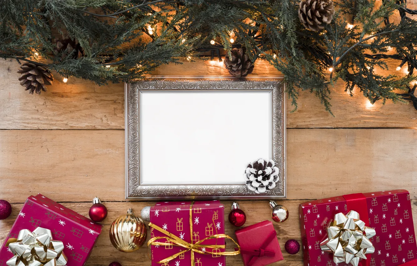 Фото обои украшения, рамка, Новый Год, Рождество, подарки, гирлянда, Christmas, wood