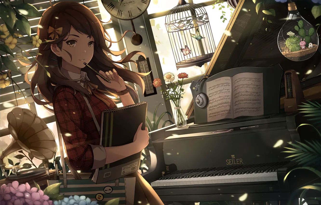 Фото обои девушка, клетка, пианино, anime, art, eugene