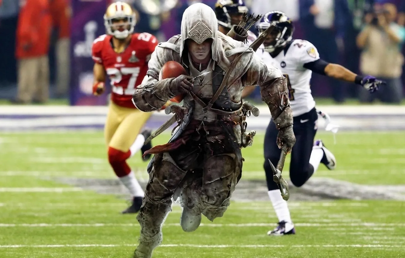 Фото обои поле, мяч, ASSASSIN'S CREED 4 SUPER BOWL