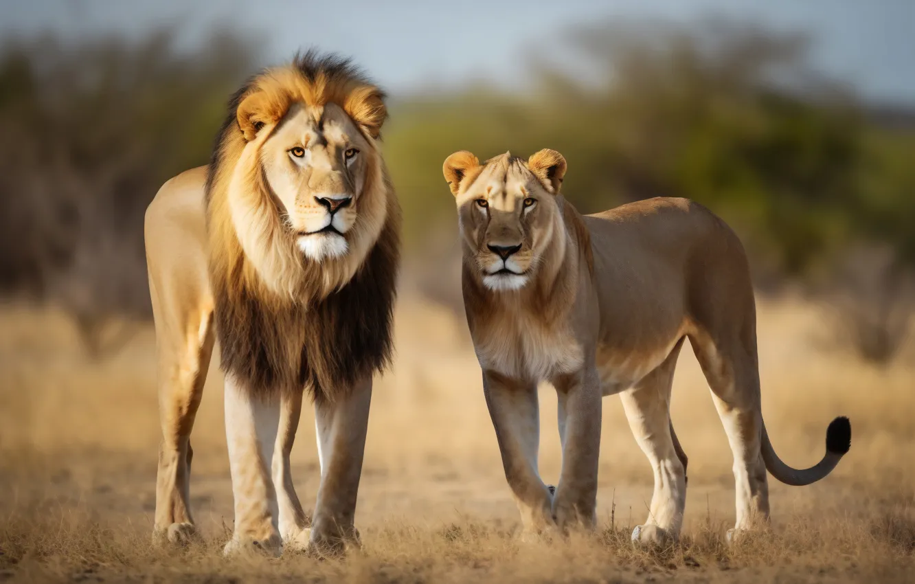 Фото обои лев, пара, львица, цифровое искусство, ИИ-арт, Искусство искусственного интеллекта, НЕЙРОСЕТЬ